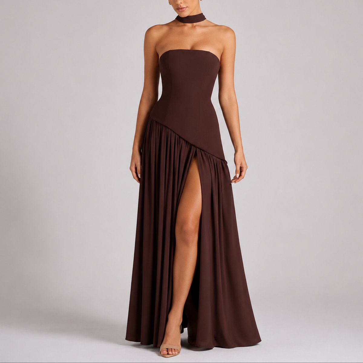 Women's Strapless Open-Back Scarf-Neck Fall Wedding Guest Maxi Dress - Brown