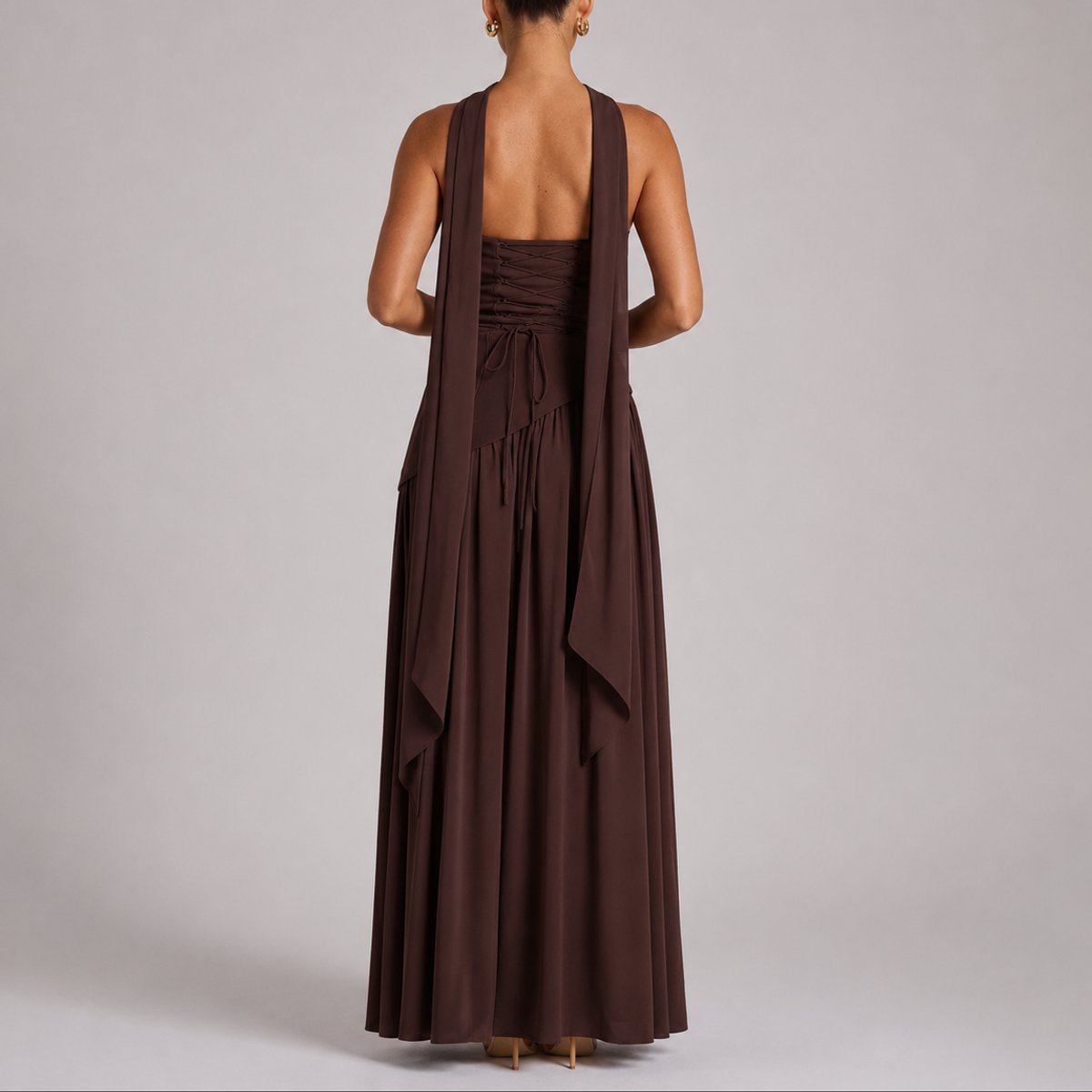 Women's Strapless Open-Back Scarf-Neck Fall Wedding Guest Maxi Dress