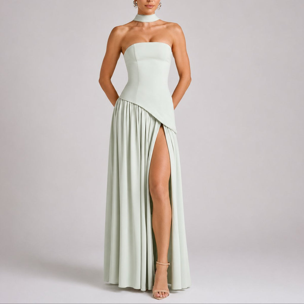 Women's Strapless Open-Back Scarf-Neck Fall Wedding Guest Maxi Dress - Light Green