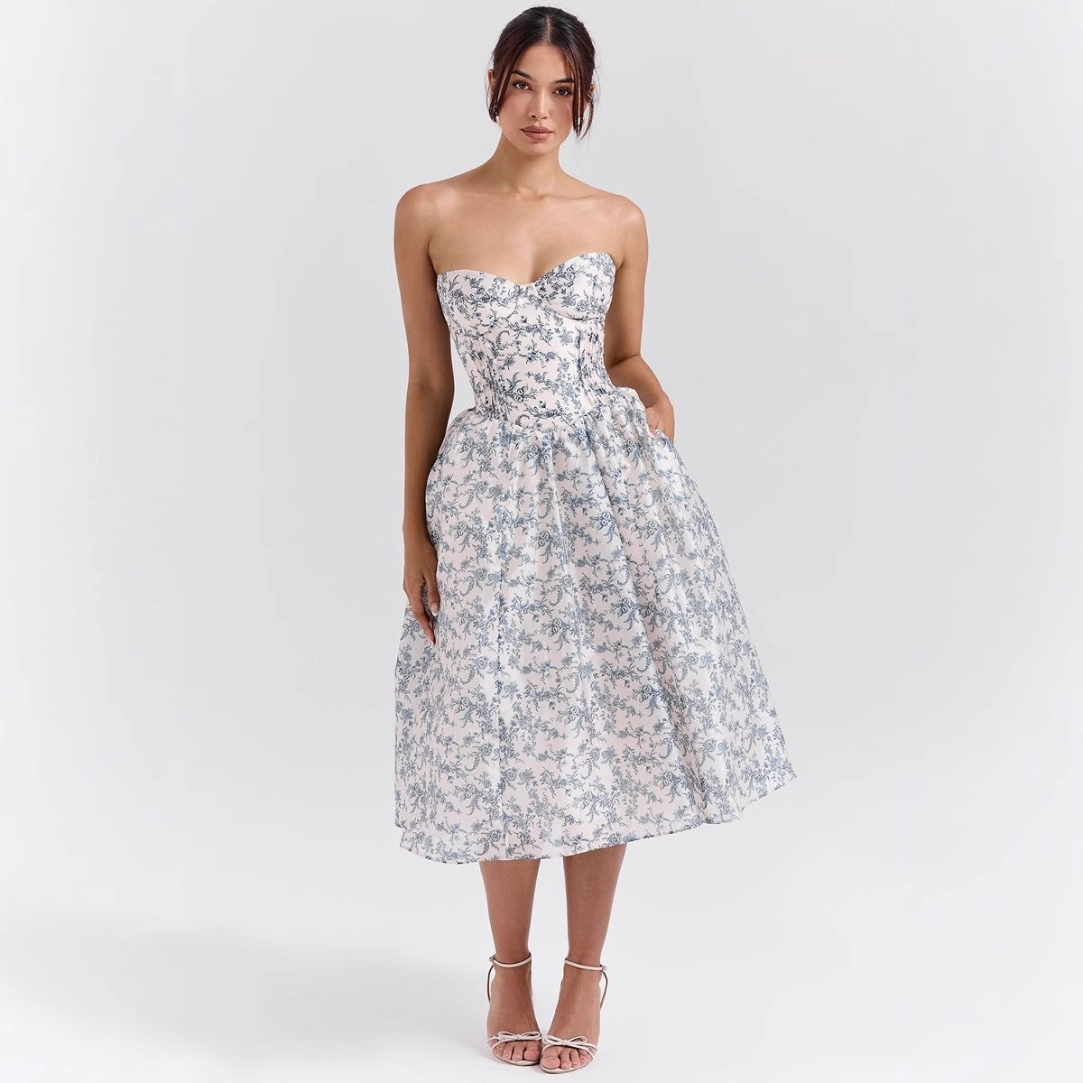 Women's Strapless Sweetheart Corset Bodice Midi Cocktail Dress - Rose