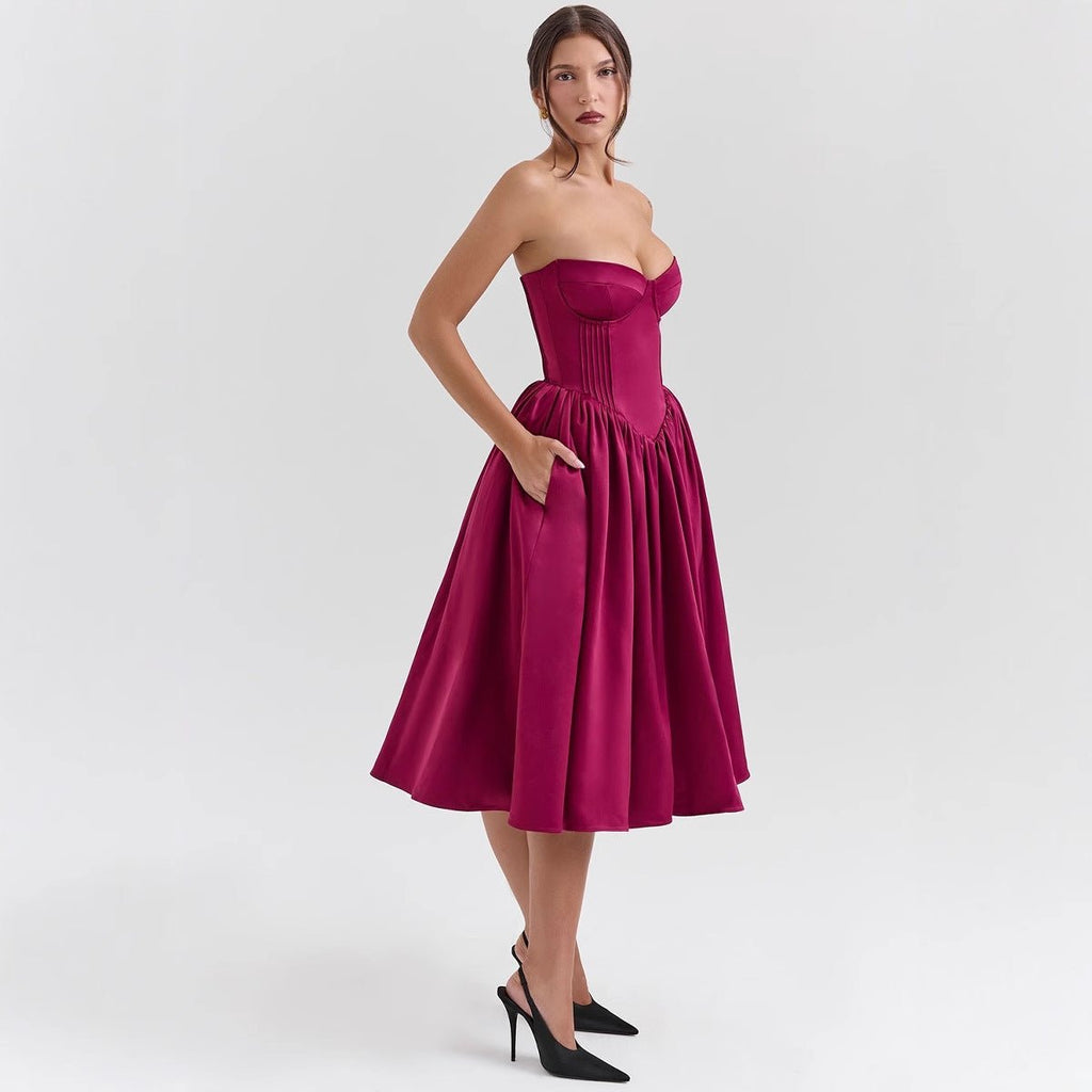 Women's Strapless Sweetheart Corset Bodice Midi Cocktail Dress - Magenta