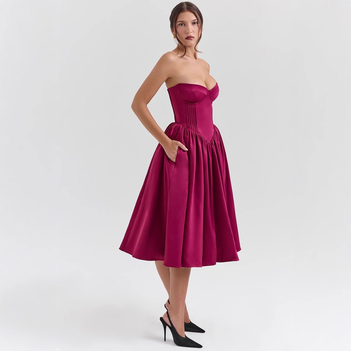 Women's Strapless Sweetheart Corset Bodice Midi Cocktail Dress - Magenta