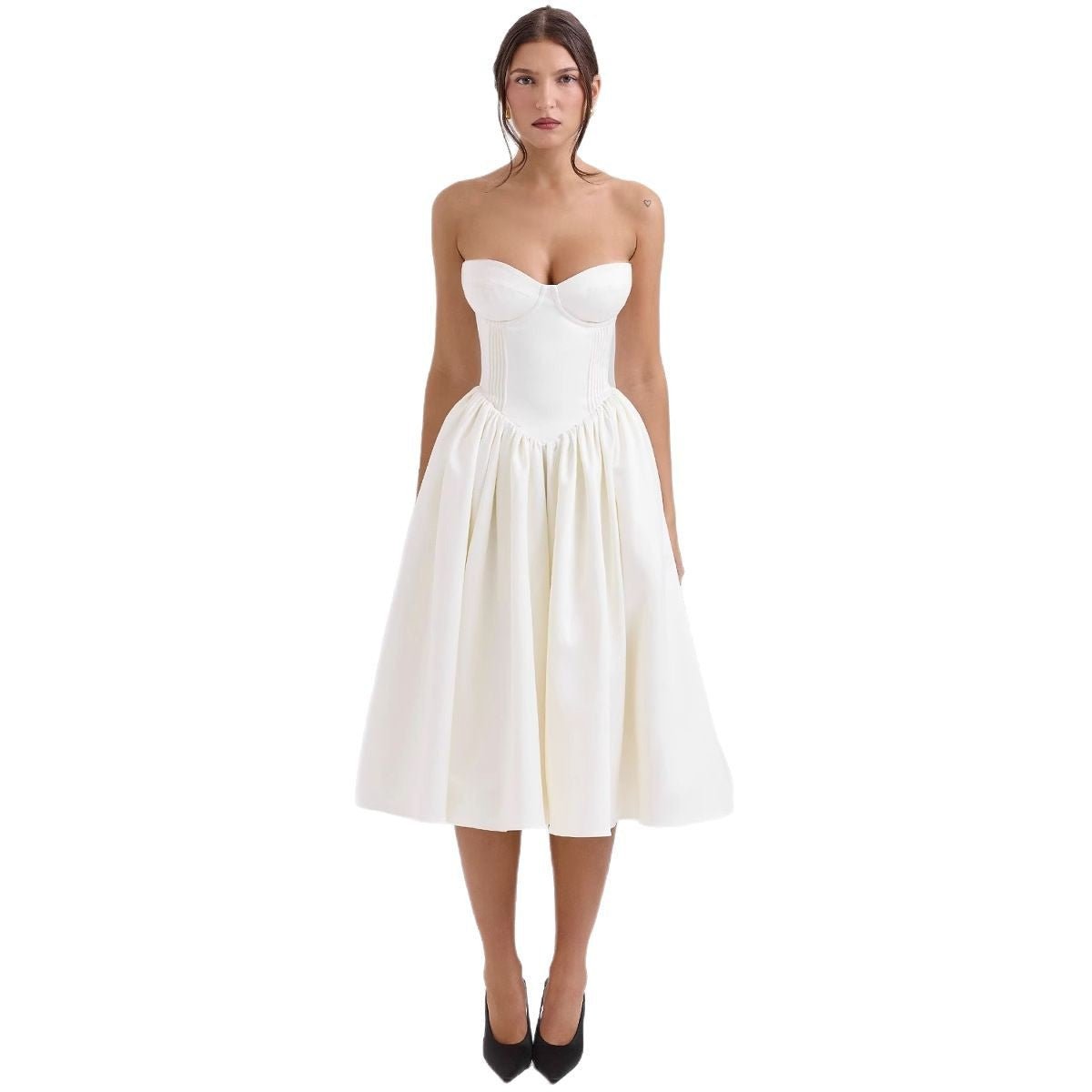 Women's Strapless Sweetheart Corset Bodice Midi Cocktail Dress