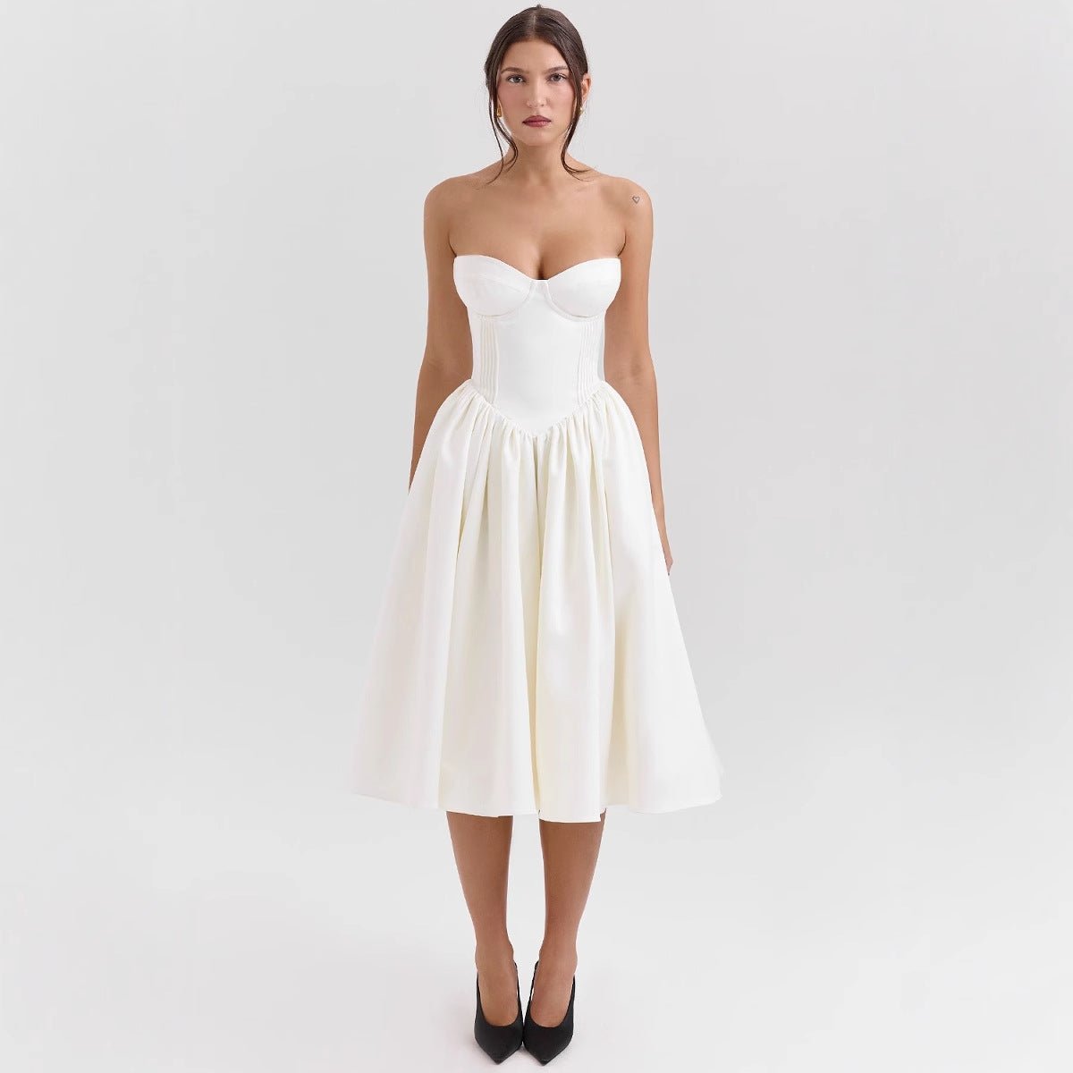 Women's Strapless Sweetheart Corset Bodice Midi Cocktail Dress - White