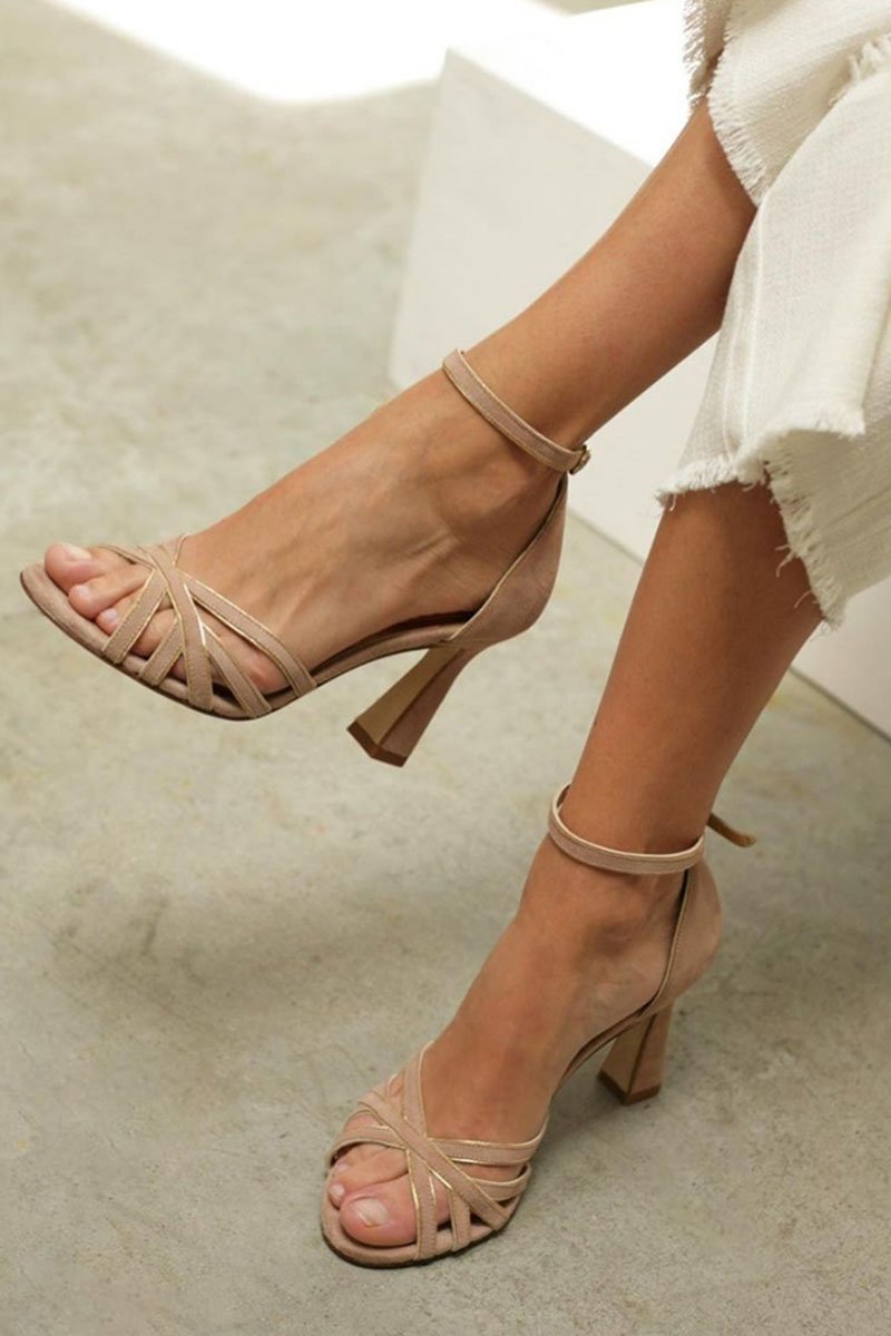 Women's Strappy Block Heel Comfortable Sandals Ankle Strap Open Toe - Beige