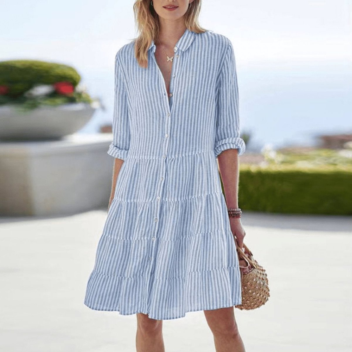 Women's Striped Button-Front Tiered A-Line Shirt Blouse Dress - Blue