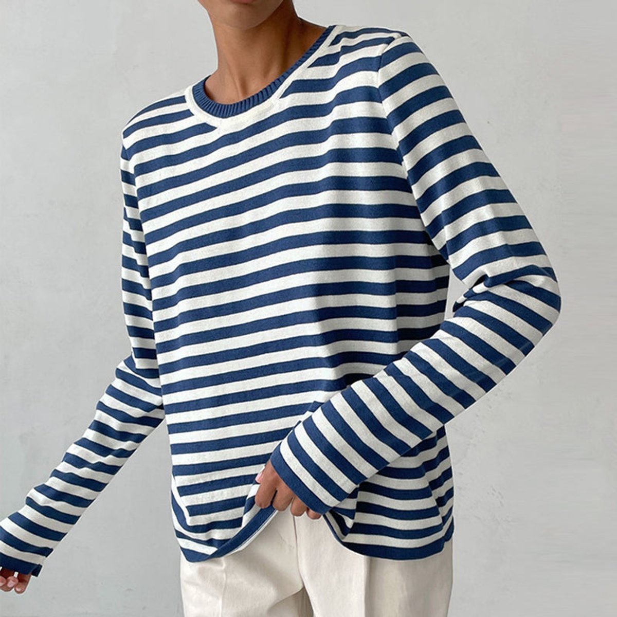 Women's Striped Relaxed-Fit Long-Sleeve Crewneck Sweater - Blue