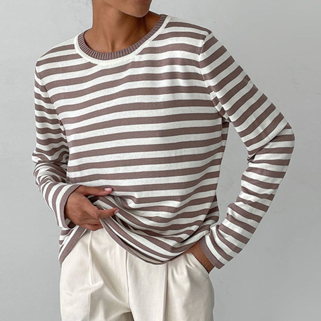 Women's Striped Relaxed-Fit Long-Sleeve Crewneck Sweater - Brown