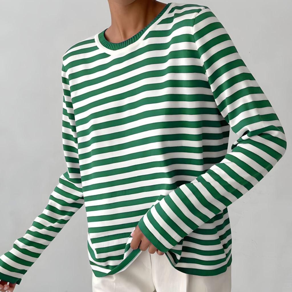 Women's Striped Relaxed-Fit Long-Sleeve Crewneck Sweater - Green