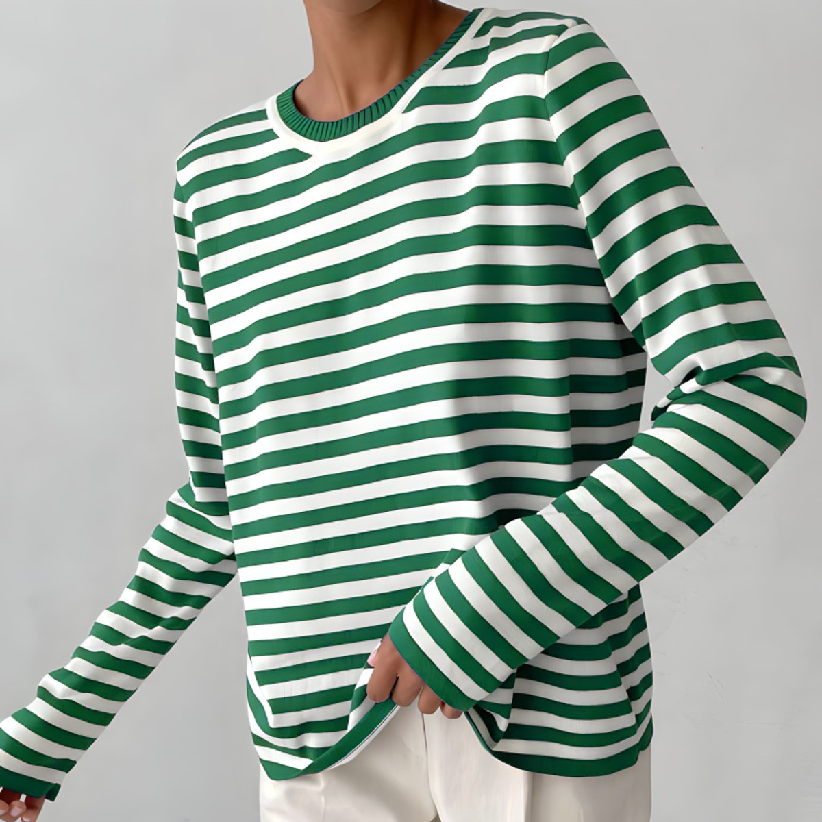 Women's Striped Relaxed-Fit Long-Sleeve Crewneck Sweater - Green
