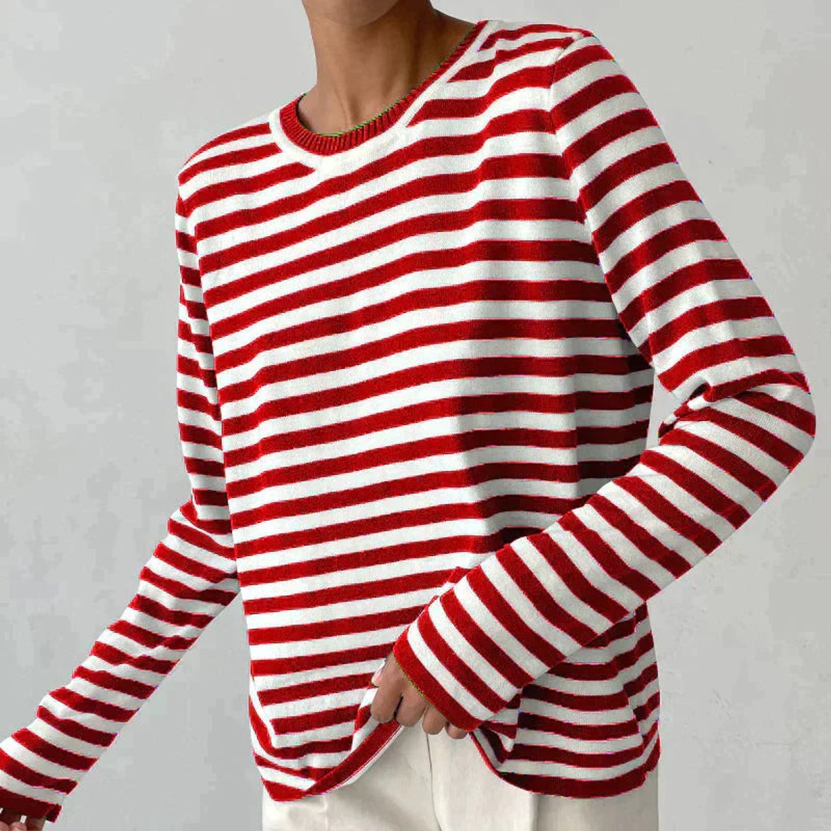 Women's Striped Relaxed-Fit Long-Sleeve Crewneck Sweater - Red