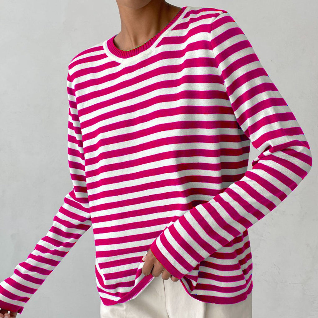 Women's Striped Relaxed-Fit Long-Sleeve Crewneck Sweater - Pink