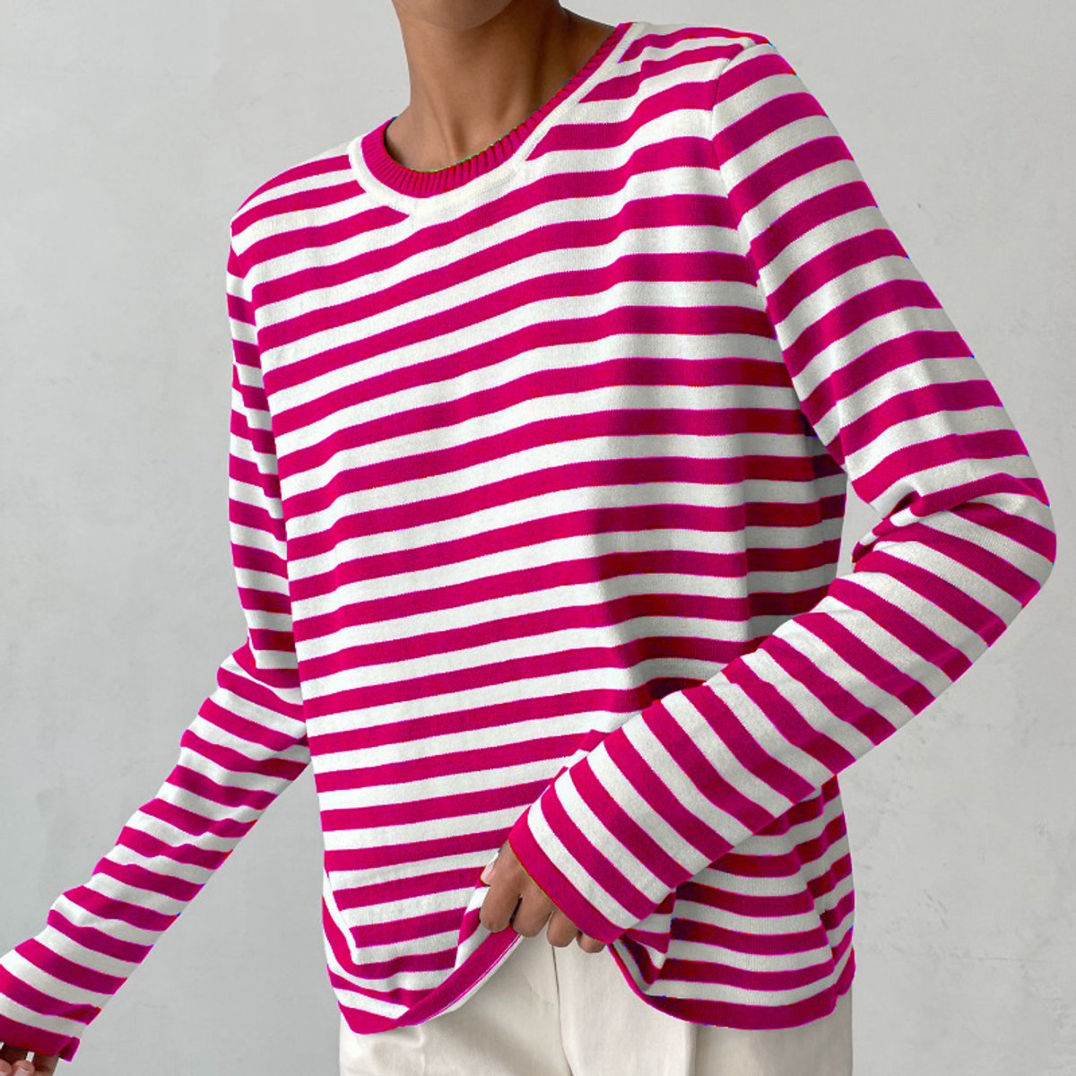 Women's Striped Relaxed-Fit Long-Sleeve Crewneck Sweater - Pink