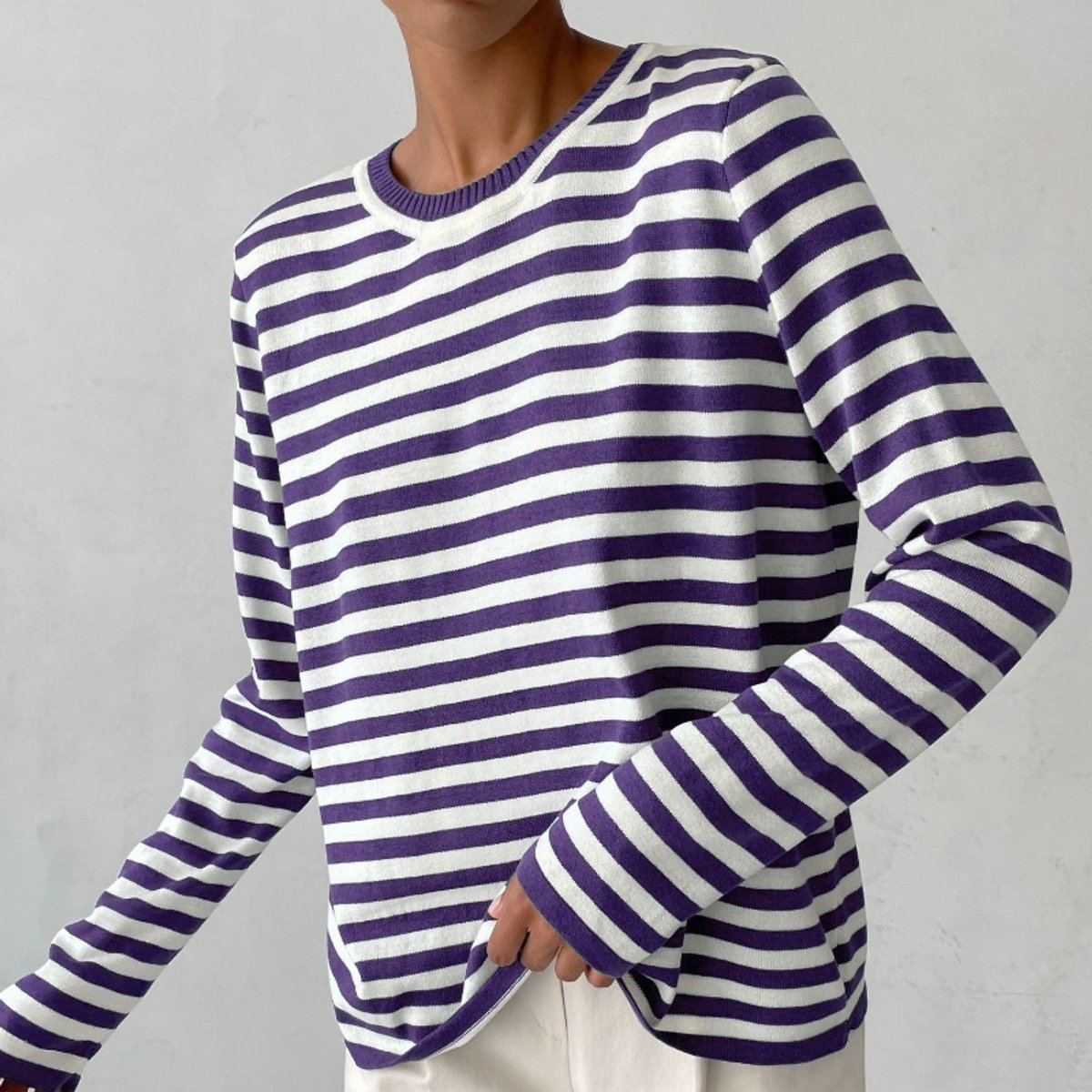 Women's Striped Relaxed-Fit Long-Sleeve Crewneck Sweater - Purple