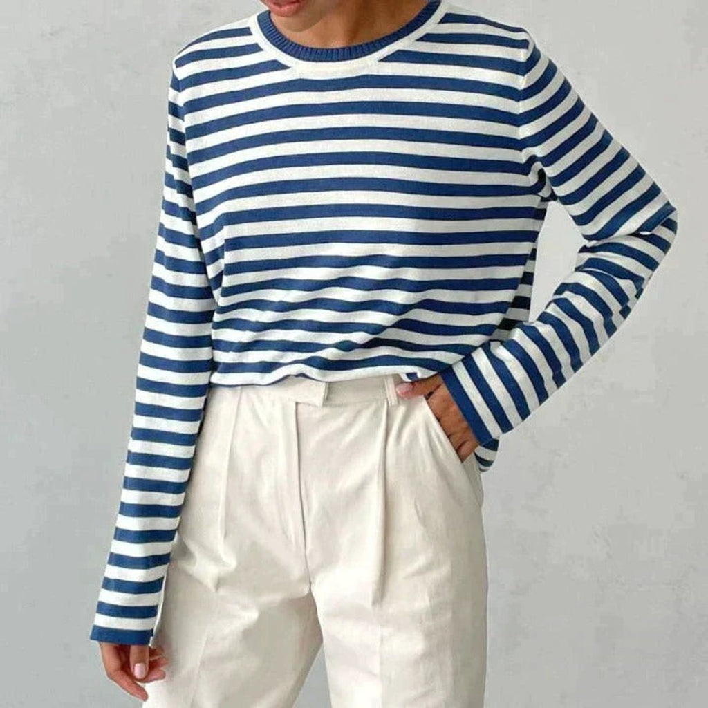 Women's Striped Relaxed-Fit Long-Sleeve Crewneck Sweater