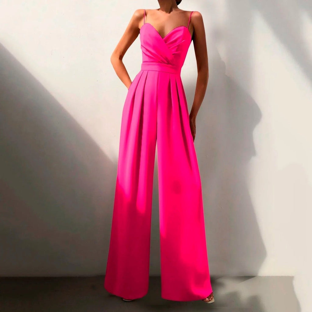 Women's Sweetheart Spaghetti Strap Wide Leg Pants Jumpsuit - Pink