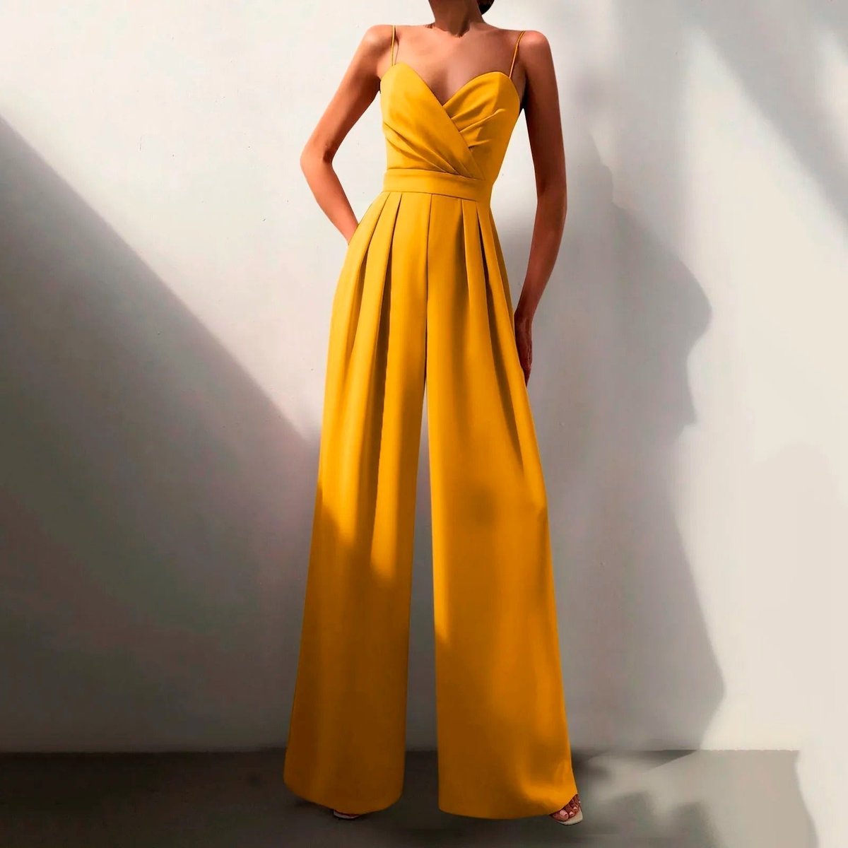 Women's Sweetheart Spaghetti Strap Wide Leg Pants Jumpsuit - Yellow