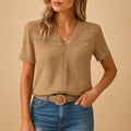 Women's Swiss Dot Lace-Trim V-Neck Short-Sleeve Blouse - Khaki