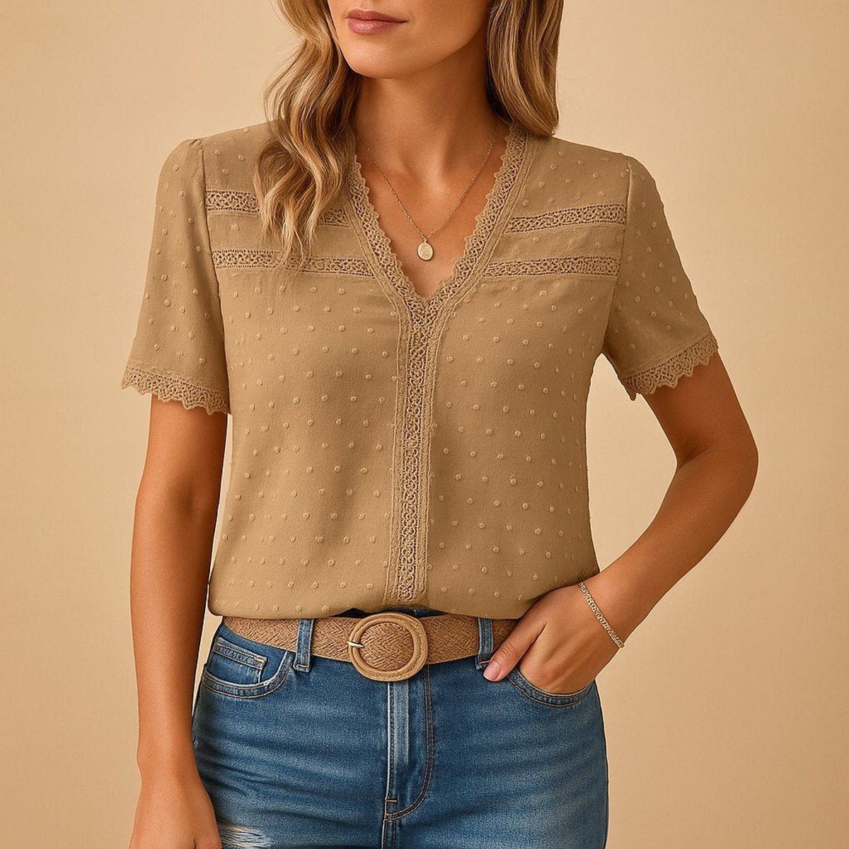 Women's Swiss Dot Lace-Trim V-Neck Short-Sleeve Blouse - Khaki