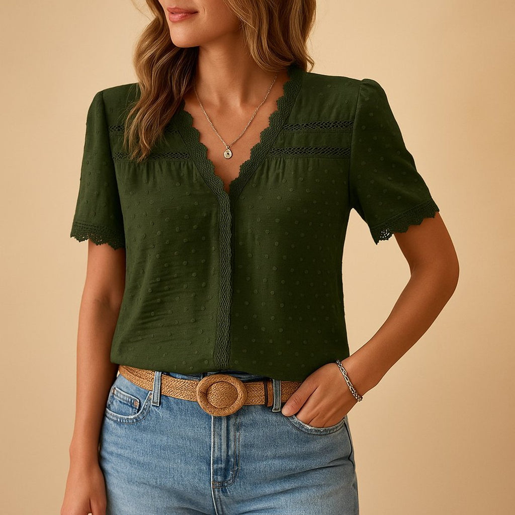 Women's Swiss Dot Lace-Trim V-Neck Short-Sleeve Blouse - Army Green