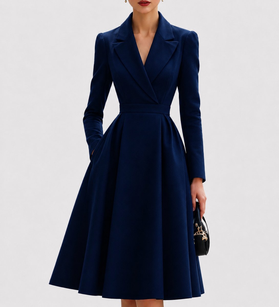 Women's Tailored A-Line Coat Formal Dresses Long Sleeve Midi - Navy Blue