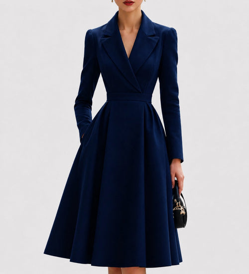 Women's Tailored A-Line Coat Formal Dresses Long Sleeve Midi - Navy Blue