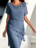 Women's Tiered Chiffon Short Sleeve Cocktail Dress - Blue