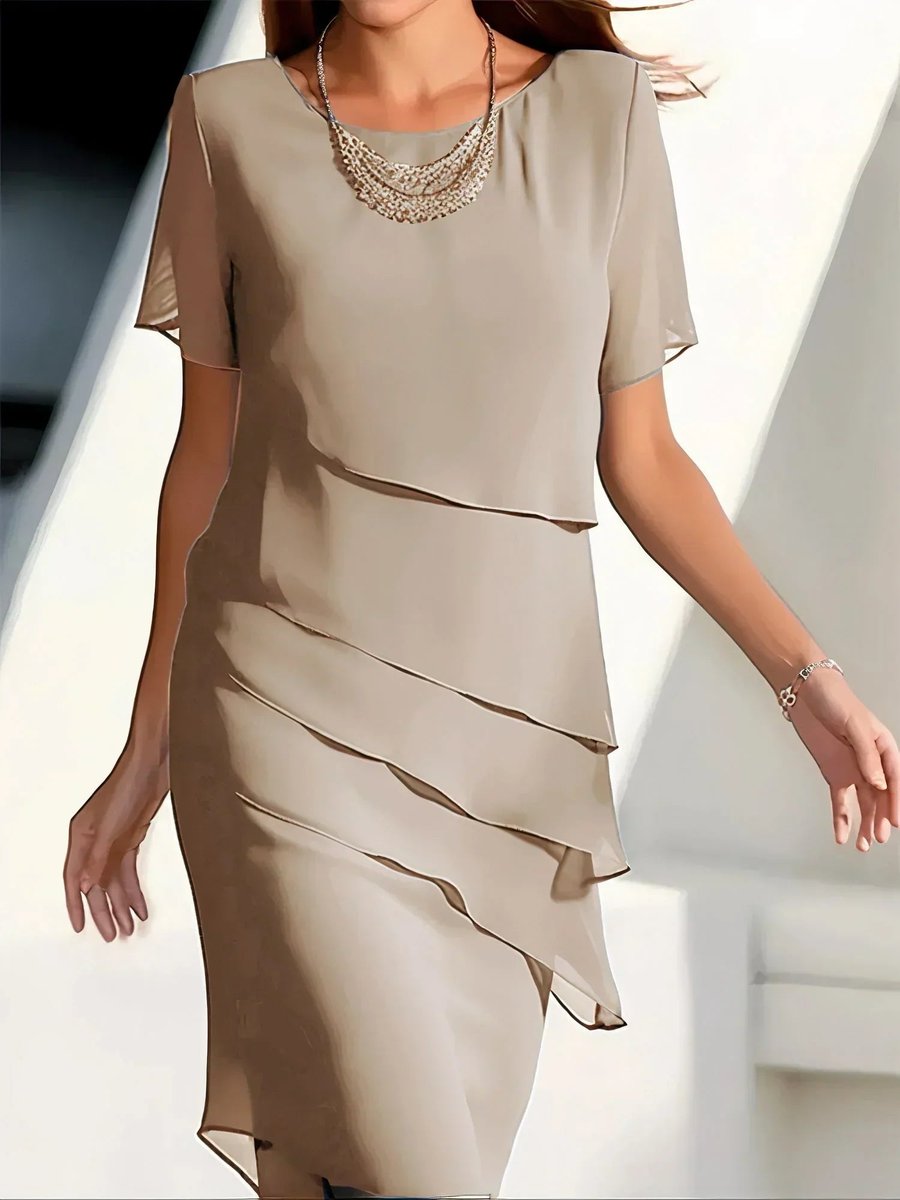 Women's Tiered Chiffon Short Sleeve Cocktail Dress - Beige