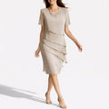 Women's Tiered Chiffon Short Sleeve Fall Wedding Guest Dress - Beige