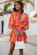 Women's Tropical Print Tiered Kimono-Sleeve Mini Cocktail Dress - Orange