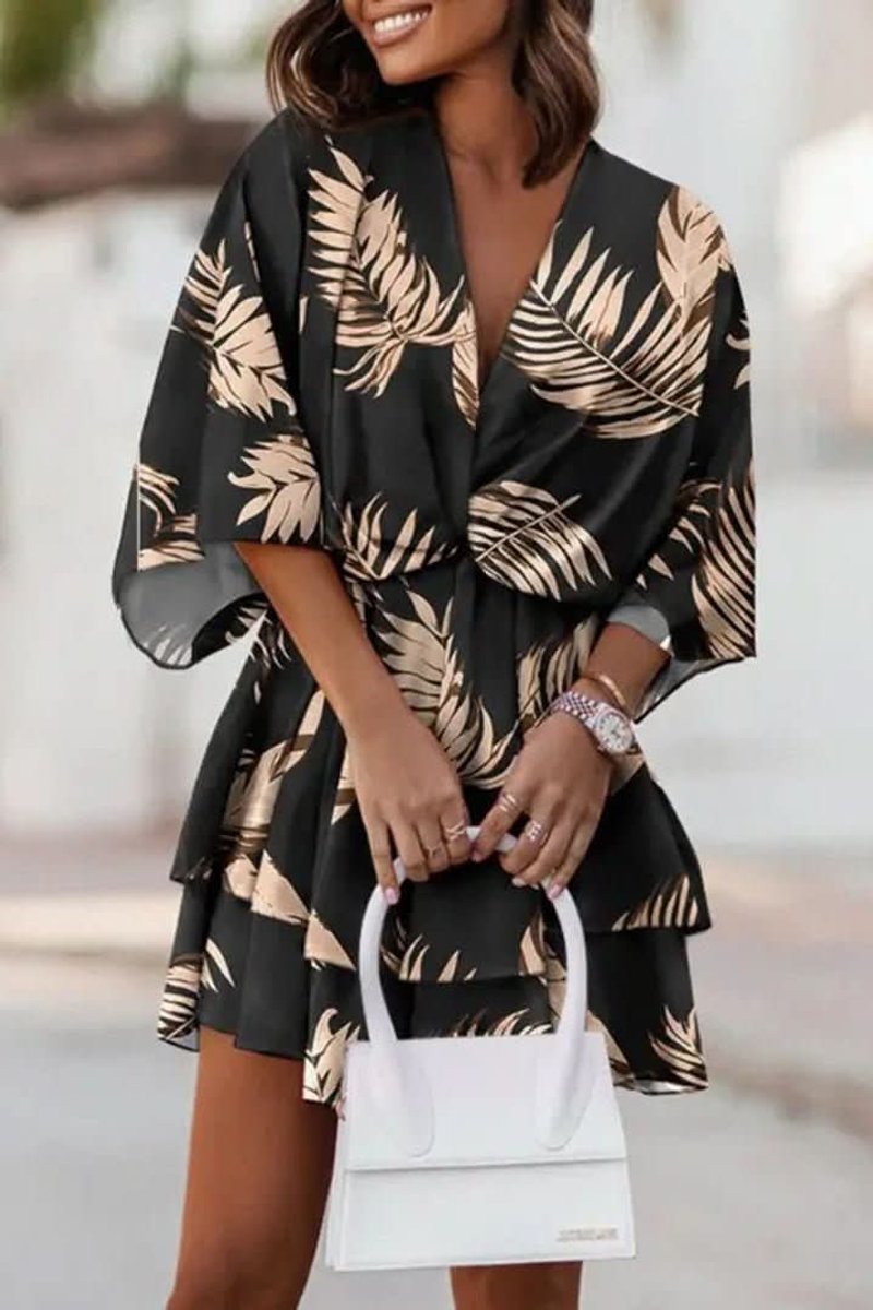 Women's Tropical Print Tiered Kimono-Sleeve Mini Cocktail Dress - Black