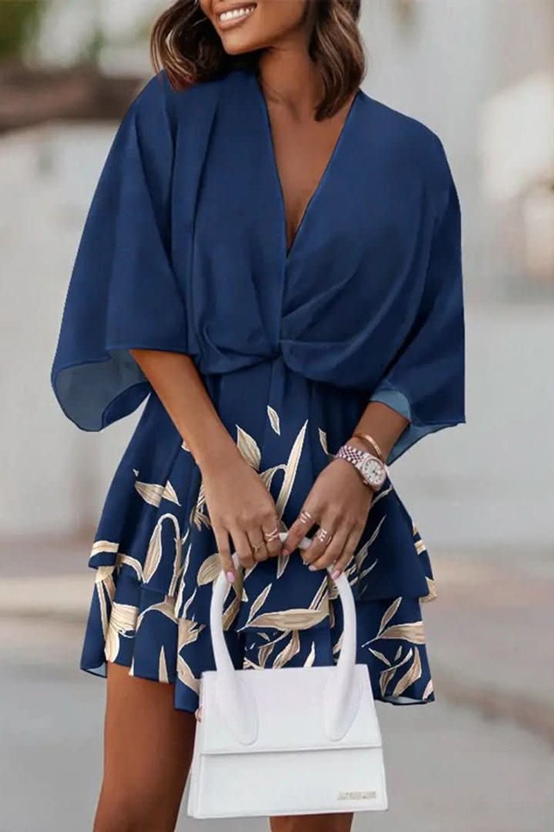 Women's Tropical Print Tiered Kimono-Sleeve Mini Cocktail Dress - Navy Blue