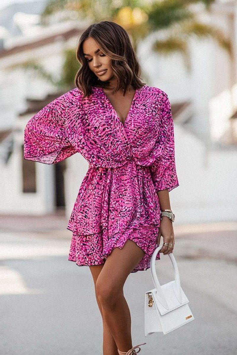 Women's Tropical Print Tiered Kimono-Sleeve Mini Cocktail Dress - Purple