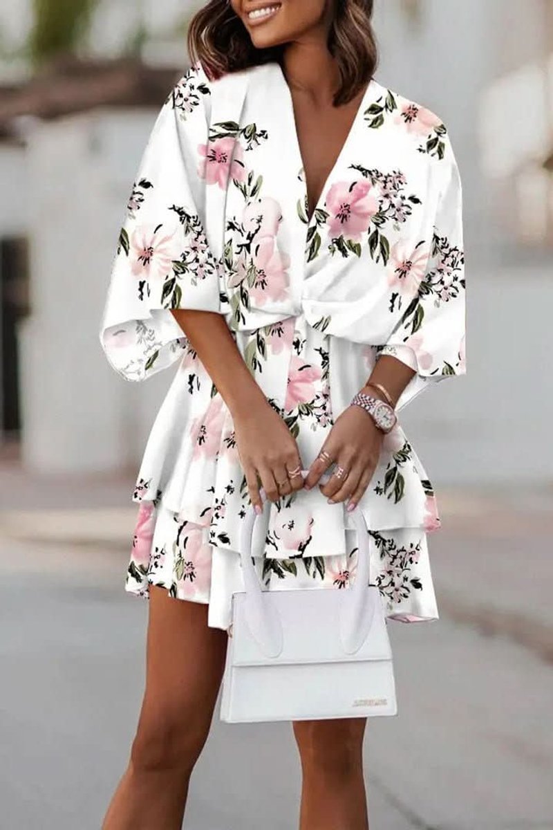 Women's Tropical Print Tiered Kimono-Sleeve Mini Cocktail Dress - White