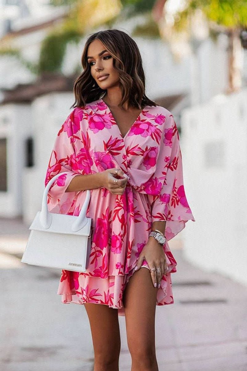 Women's Tropical Print Tiered Kimono-Sleeve Mini Cocktail Dress - Red