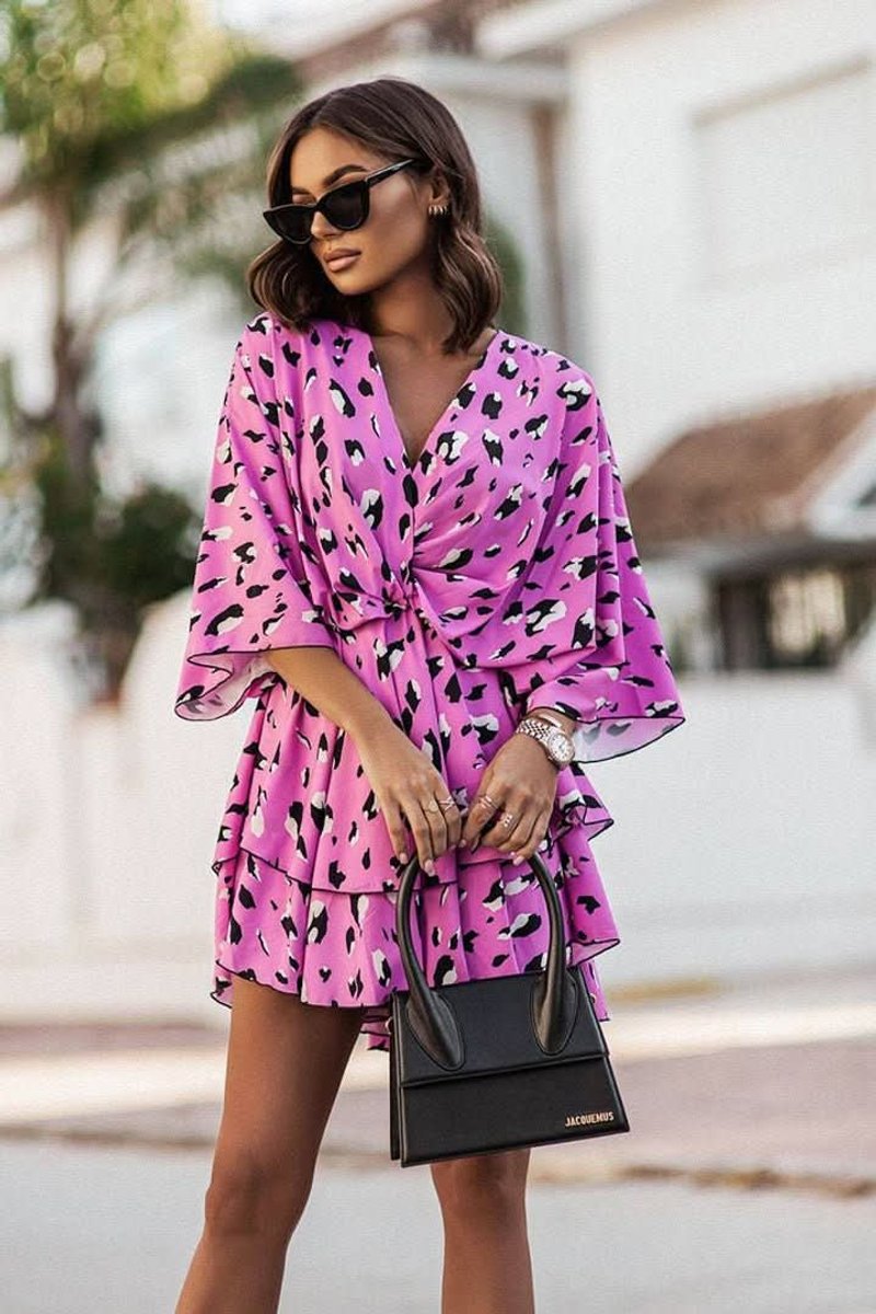 Women's Tropical Print Tiered Kimono-Sleeve Mini Cocktail Dress
