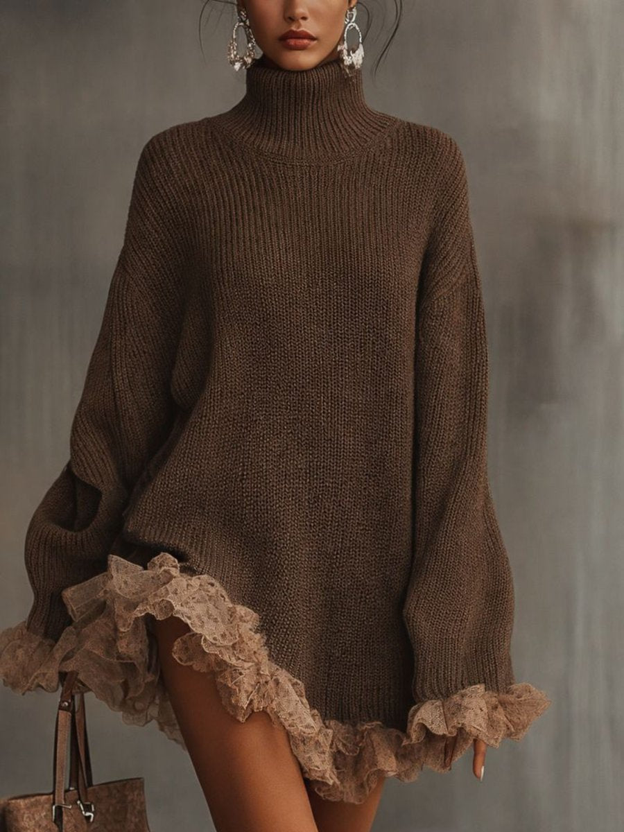 Women's Turtleneck Knit Lace-Hem Formal Dresses Oversized Sweater - Brown