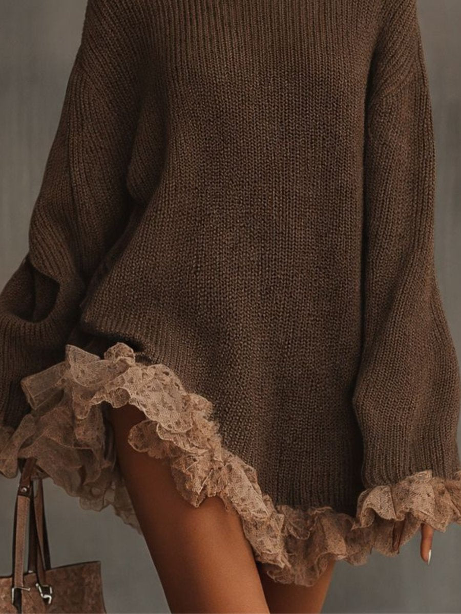 Women's Turtleneck Knit Lace-Hem Formal Dresses Oversized Sweater