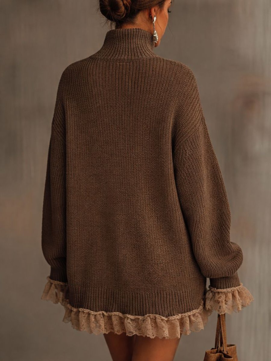 Women's Turtleneck Knit Lace-Hem Formal Dresses Oversized Sweater