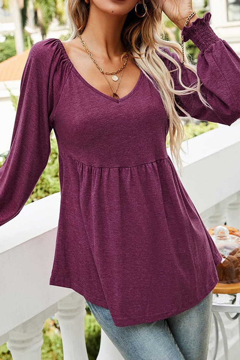 Women's V-Neck Babydoll Long-Sleeve Flowy Tunic Top - Burgundy