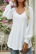 Women's V-Neck Babydoll Long-Sleeve Flowy Tunic Top - White