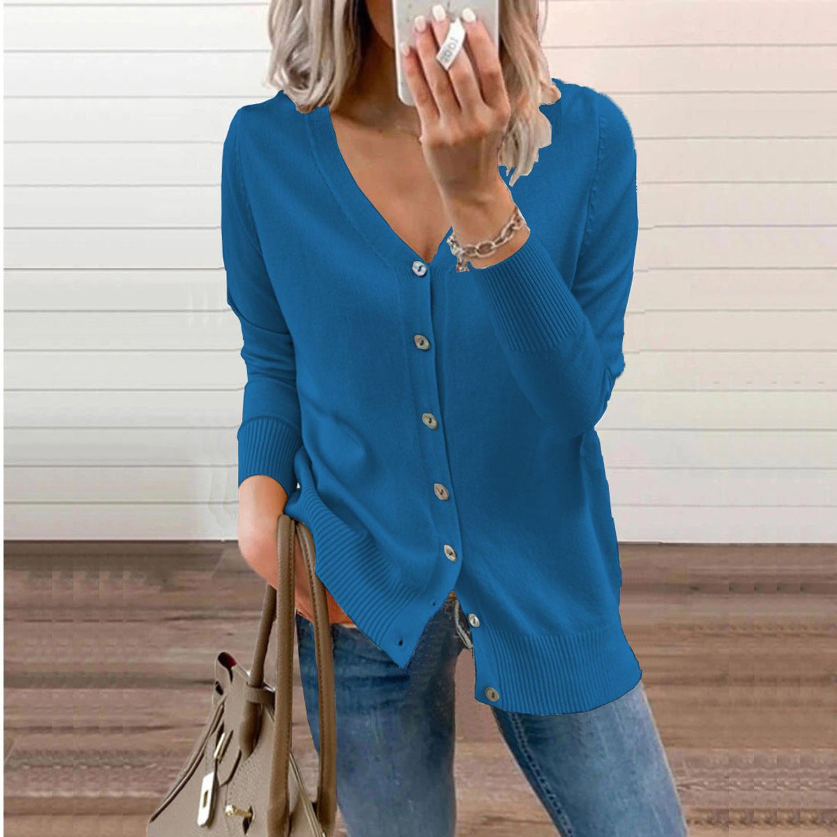 Women's V-Neck Button-Front Knit Cardigan Sweater - Blue