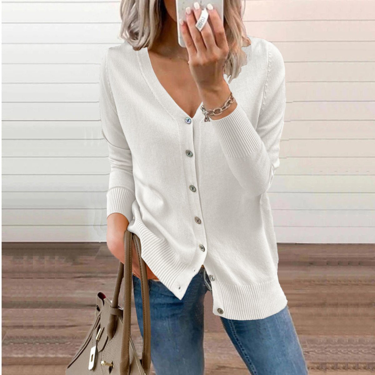 Women's V-Neck Button-Front Knit Cardigan Sweater