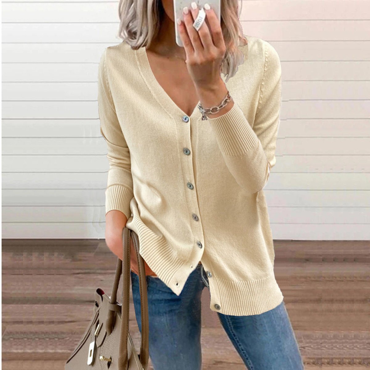 Women's V-Neck Button-Front Knit Cardigan Sweater