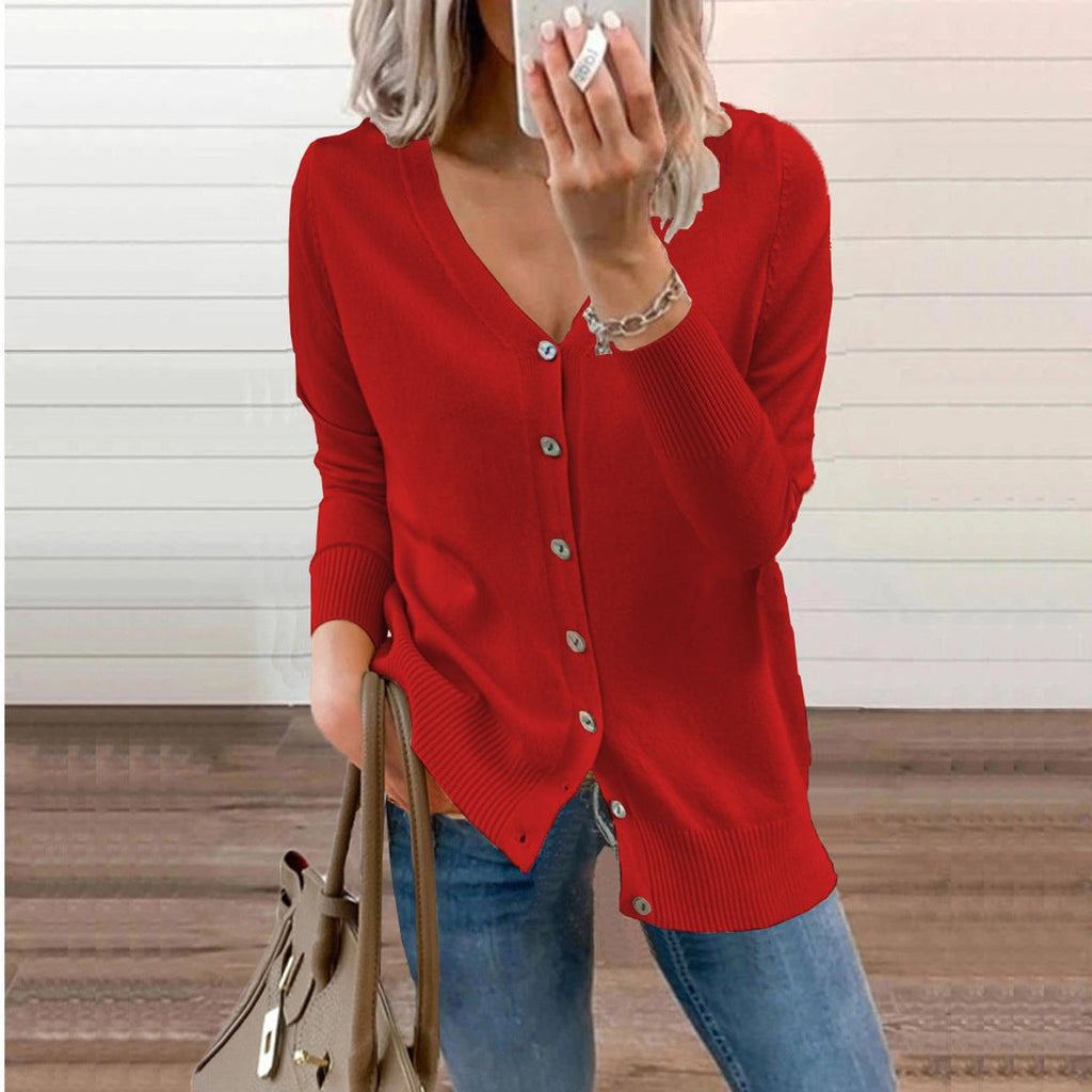 Women's V-Neck Button-Front Knit Cardigan Sweater - Red