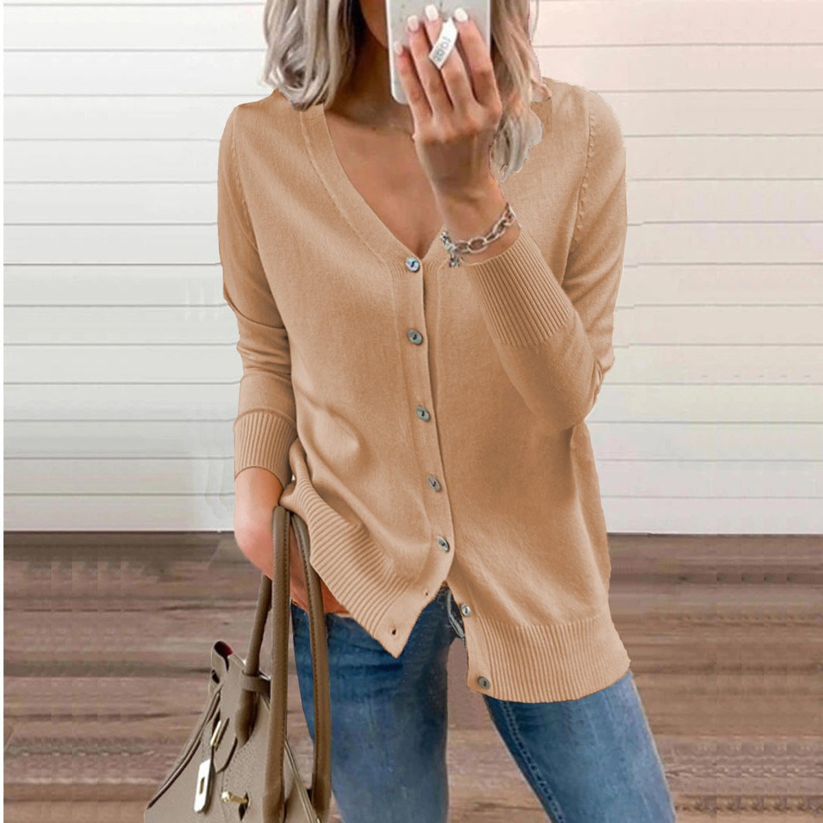 Women's V-Neck Button-Front Knit Cardigan Sweater - Camel