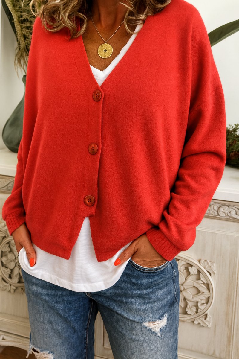 Women's V-Neck Button-Front Lightweight Knit Cardigan - Red