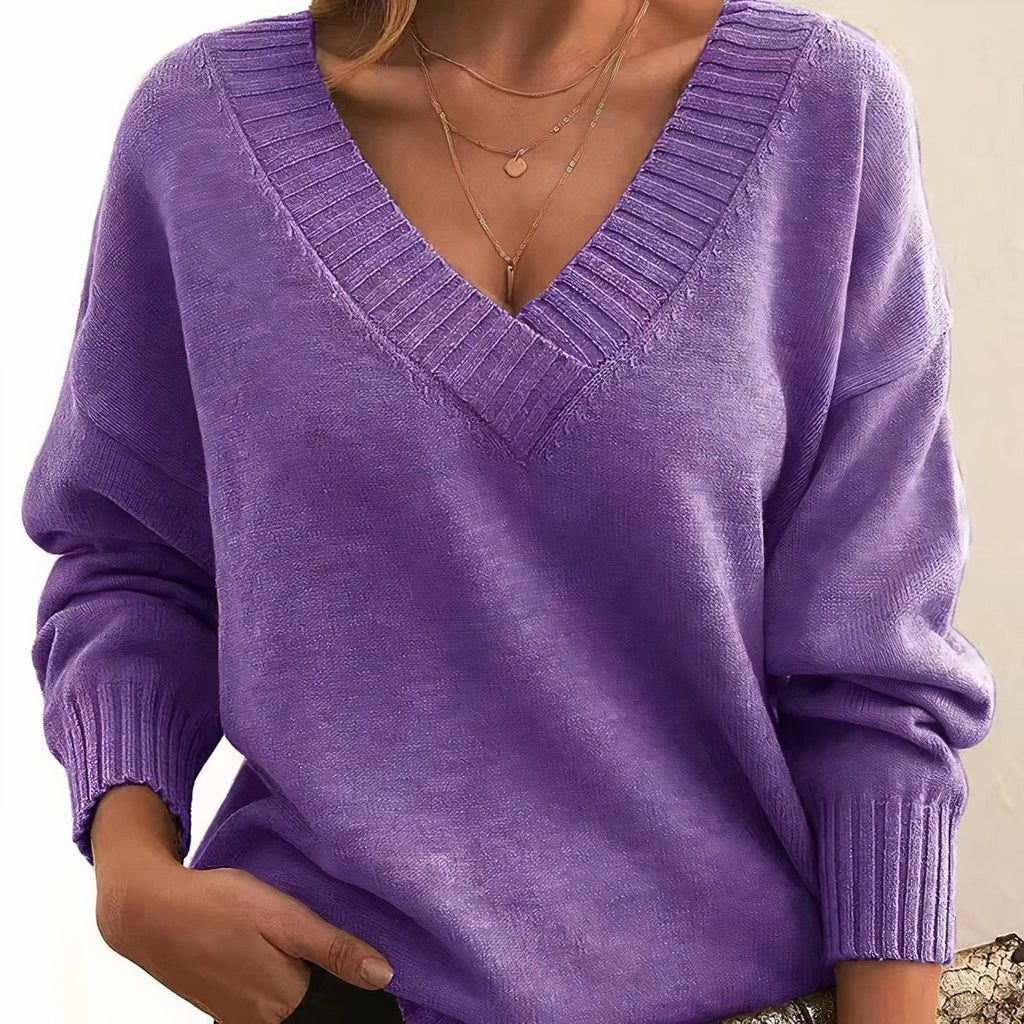 Women's V-Neck Long Sleeve Cashmere Blend Knit Sweater - Purple