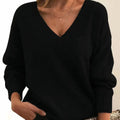 Women's V-Neck Long Sleeve Cashmere Blend Knit Sweater - Black