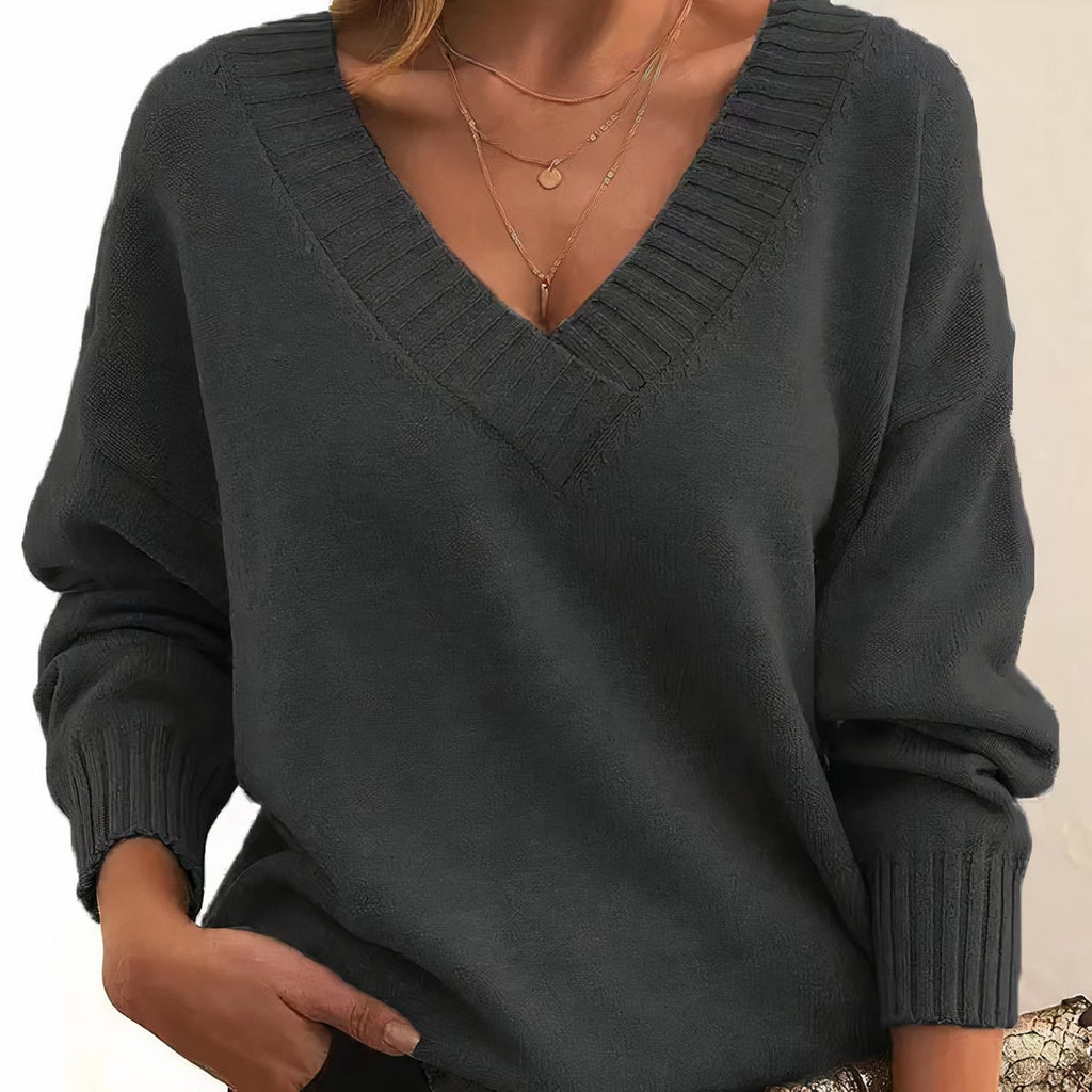 Women's V-Neck Long Sleeve Cashmere Blend Knit Sweater - Dark Gray